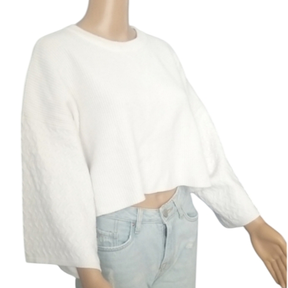 Modern Minimalist Cropped Knit Sweater | Oversized Boxy Textured Sleeves - Picture 2 of 15